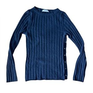 Mago Italy Medium Black Ribbed Cashmere Sweater Silk Side Button Long Sleeve